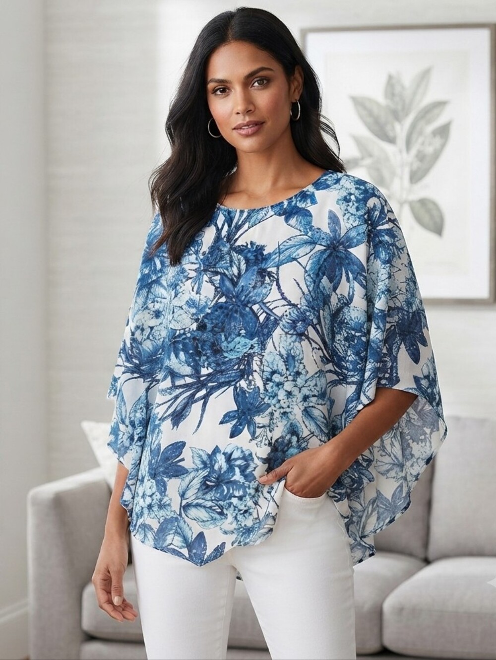 Roz & Ali Women's Blue & White Floral Batwing Sleeve Blouse Size 2X